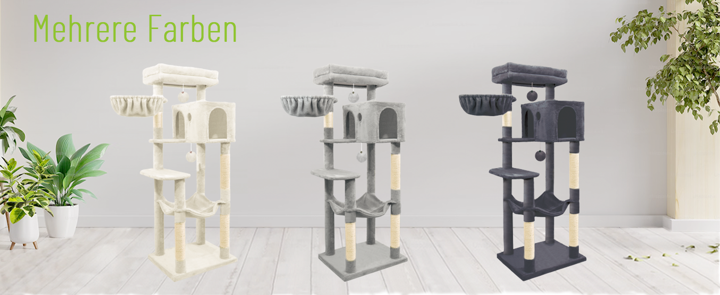 Дерев'яна кігтеточка для котів LEEJARD XXL, 148 см, з платформами, будиночком, гамаком, іграшками та захистом від перекидання, бежева