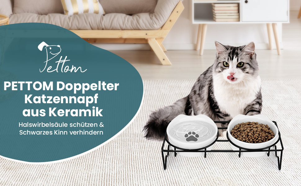 Набір мисок для котів PETTOM (2 шт.) з підставкою, кераміка, захист шиї, зелений + сірий