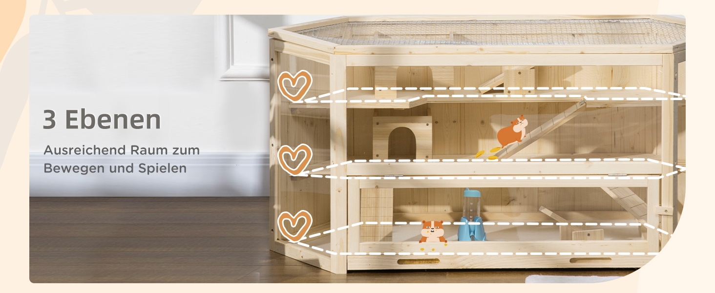 Клітка для дрібних тварин PawHut з рампою, гойдалкою та відкидною кришкою, 115 x 60 x 55 см, натуральне дерево та PS пластик