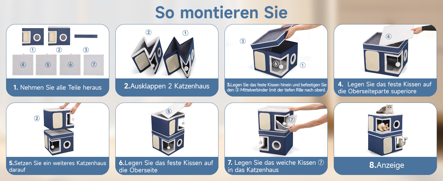 Кітчине гніздо Shikha, великий будиночок для котів, 3-ярусний куб для котів з дряпалкою та іграшкою, 61x45x32 см, блакитний