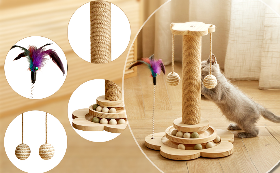 Іграшка для котів Accmuzzy 4 в 1: дерев'яна, з сизалевим мотузком, когтеточка з підвісними м'ячиками та котячою м'ятою (29 x 46 см)