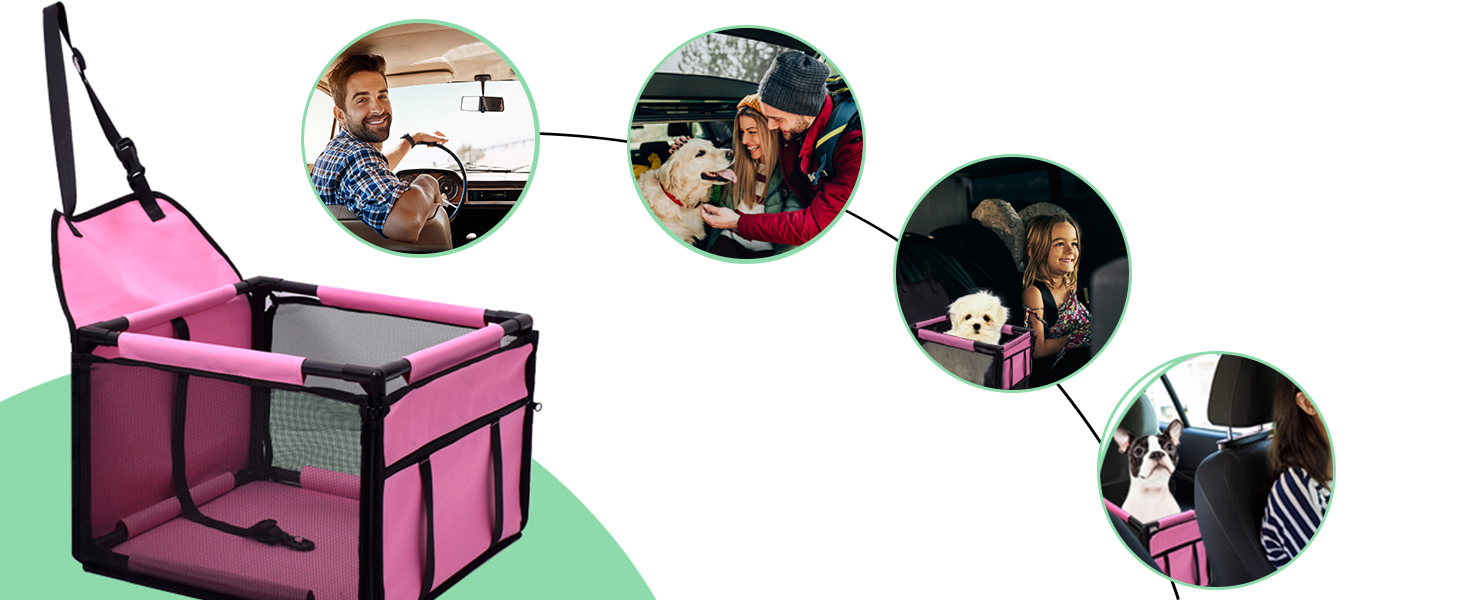 Автокрісло для собак: міцне, водовідштовхувальне, для малих та середніх порід, рожеве, з рамою
