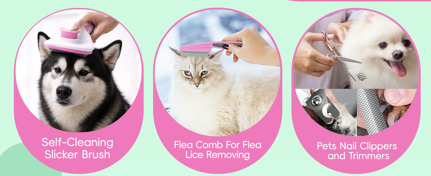 Набір для догляду за домашніми тваринами 10 предметів: щітка для собак проти випадіння шерсті з обрізачем кігтів та тримером, аксесуари для догляду за собаками/кішками, гребінець для видалення ковтунів + аксесуари для купання для всіх тварин