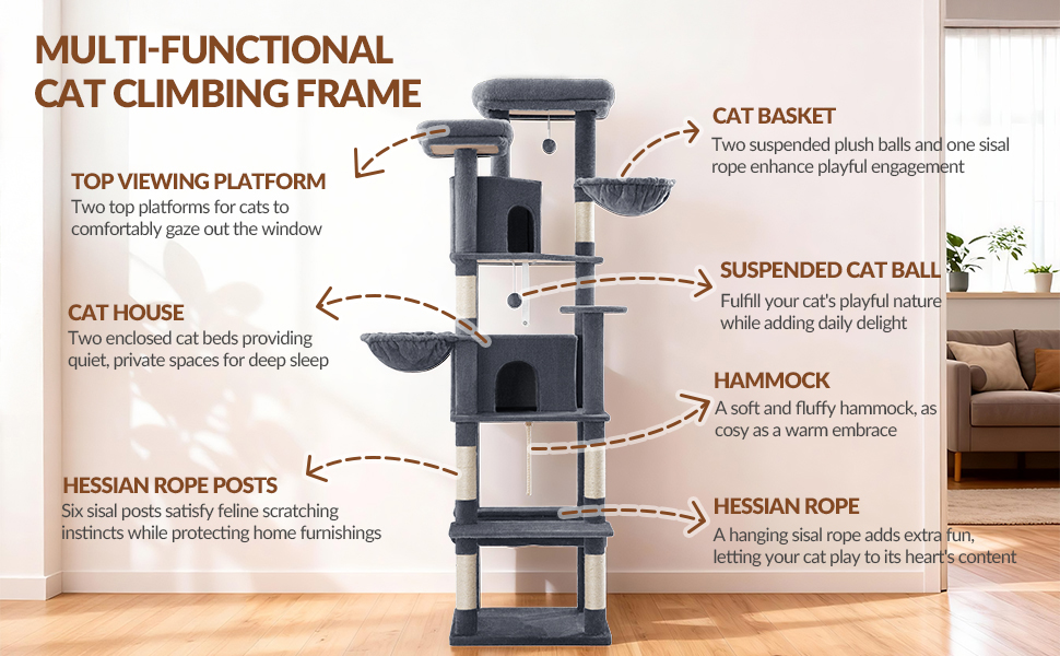Драбина для котів Kratzbaum Groß 216 см, XXL розмір, стабільна з крізьолунами, 2 затишні будиночки, 2 платформи, 2 кошики, гамак, для дому, FPMS007FG1 (60 x 50 x 216 см, темно-сірий)