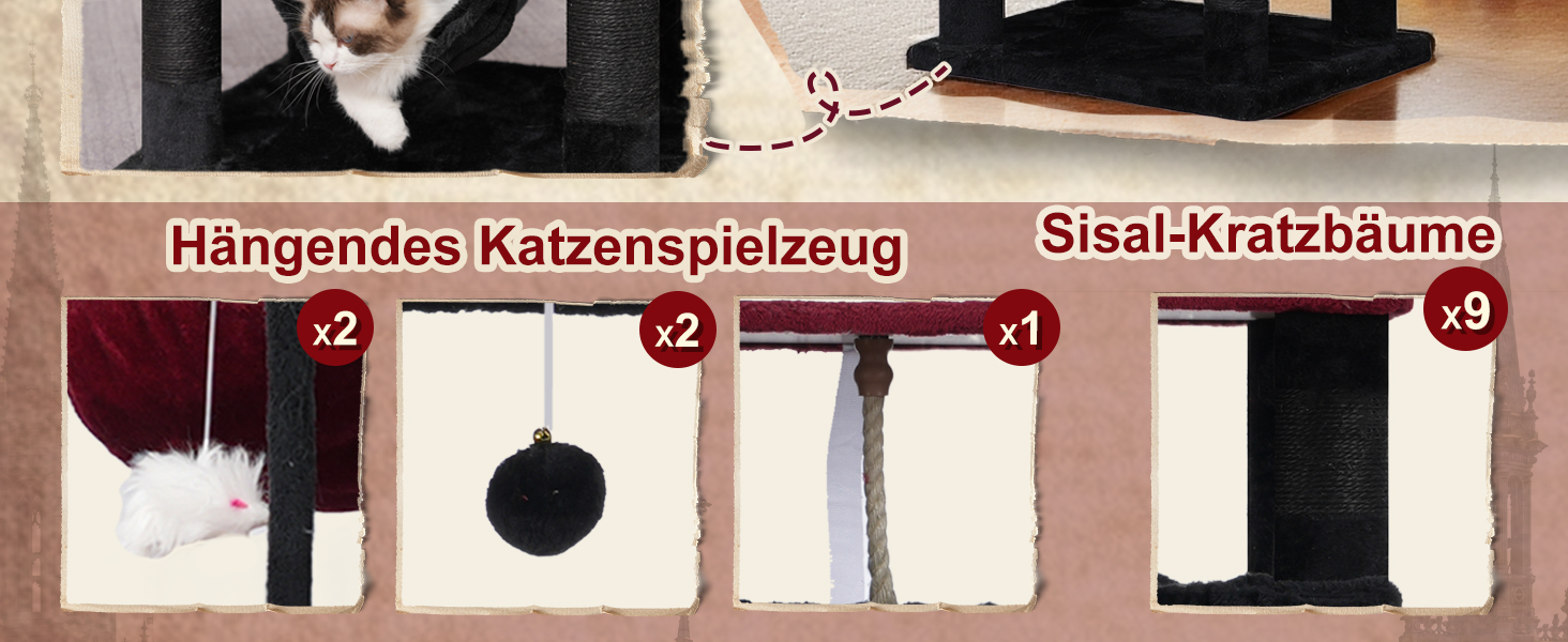 Великий котячий будиночок Kratzbaum: стабільний, 200 см, з платформами, печерами, гамаком та сизалевими стовпчиками (GCT031W, чорний та червоний)