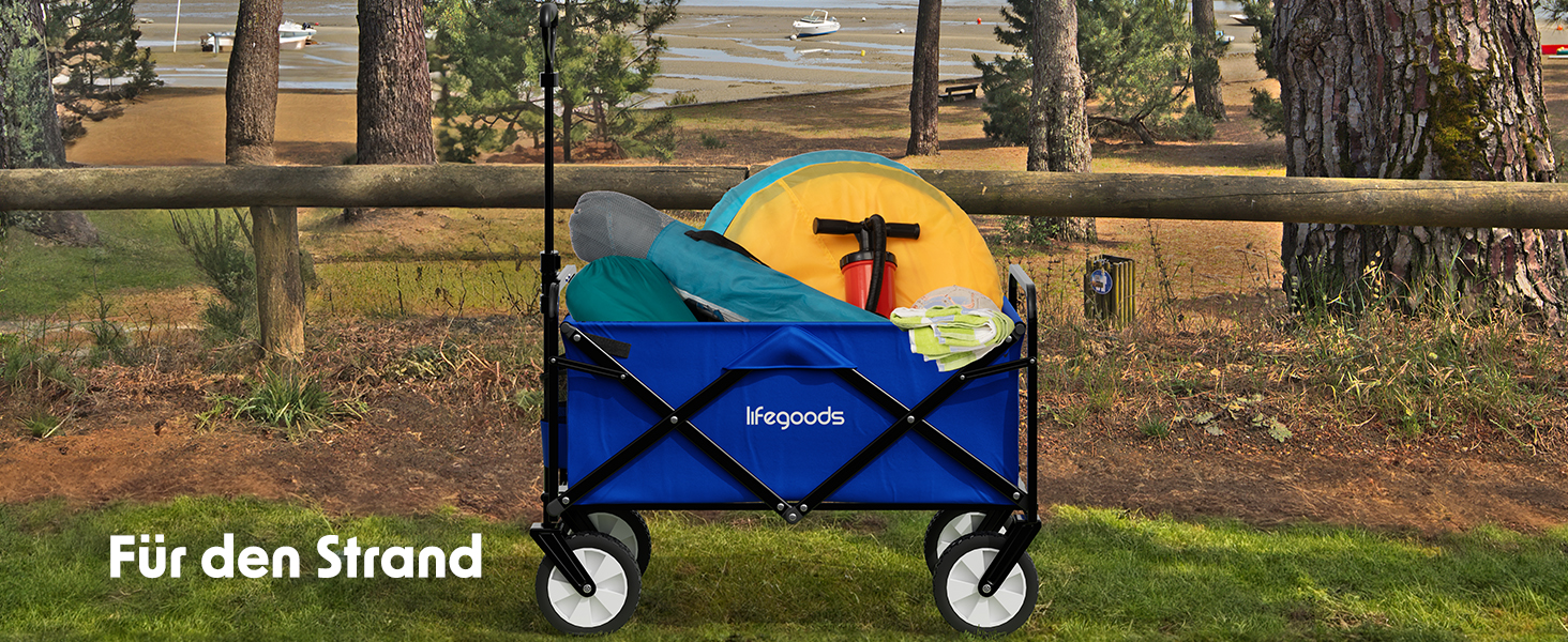 Візок-тачка LifeGoods складний, 98x45 см, блакитний – 94 л, колеса з гуми, 360°