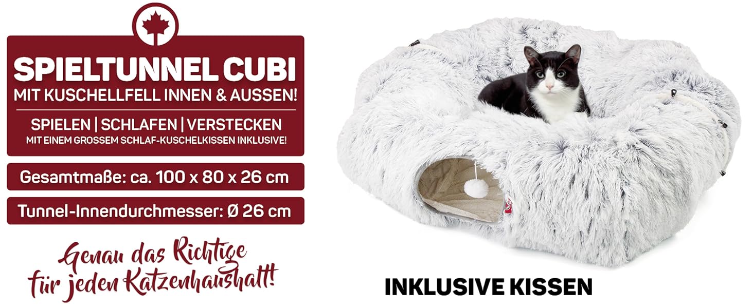 Канадський кіт | Преміум тунель для котів CUBI, XXL тунель з місцем для сну, з м'яким лежаком, для великих котів, 100 x 80 x 26 см (Сірий)