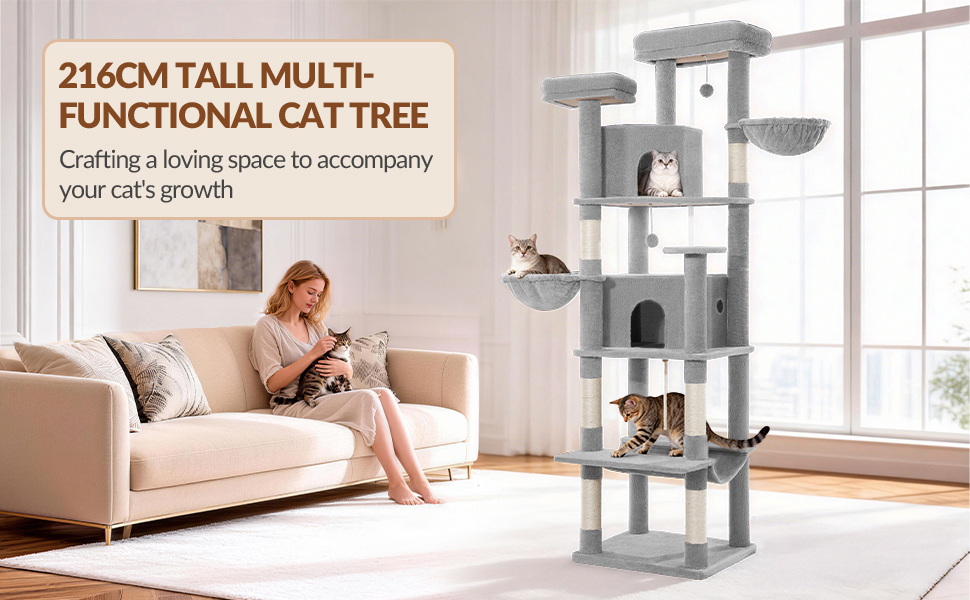 Дерево для котів Kratzbaum Groß 216 см, XXL, з 2 затишними будиночками, 2 платформами, 2 кошиками, гамаком, сірий, для дому