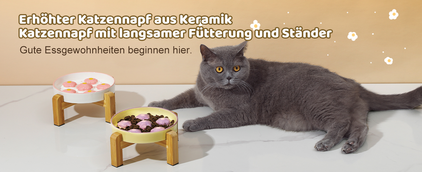 Підвищена годівниця для котів Anti Schling Napf - керамічна годівниця з антиковзним основанням, інтерактивна, для повільного годування, рожеві квіти