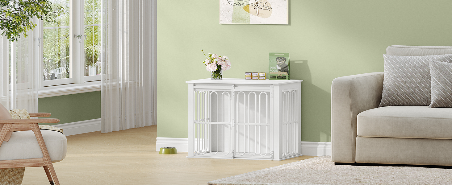 Дерев'яний вольєр для собак, 81 см, вольєр-стілець для дому, 2 двері, розсувні, для маленьких та середніх собак, міцний, 81 × 55 × 62,4 см, білий