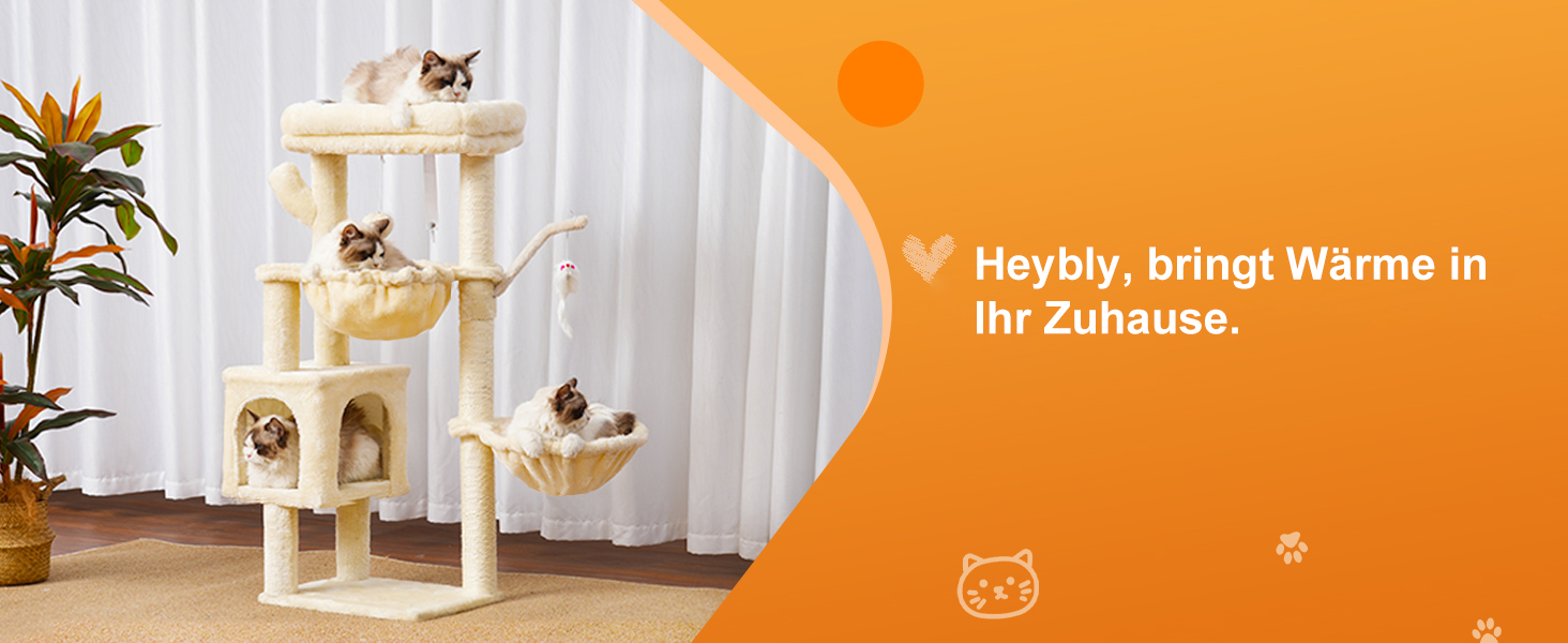 Котячий будиночок Heybly Kratzbaum: 100 см, з платформою, печерею, 2 гамаками та іграшками. Активний котячий будиночок, HCT006SW (Бежевий)