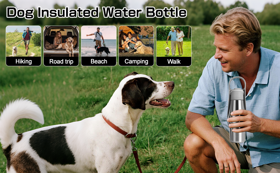 Водяна пляшка для собак на прогулянці 750 мл - не протікає, з нержавіючої сталі, з подвійними стінками, ізольована, сіра