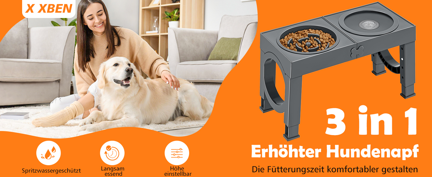 Набір мисок для собак X-BEN 3-в-1: миска для води з захистом від пролиття 1.4L, миска від захлипування 1L, годівниця з 5 рівнями регулювання висоти, для середніх та великих собак, антиковзаюча, сіра