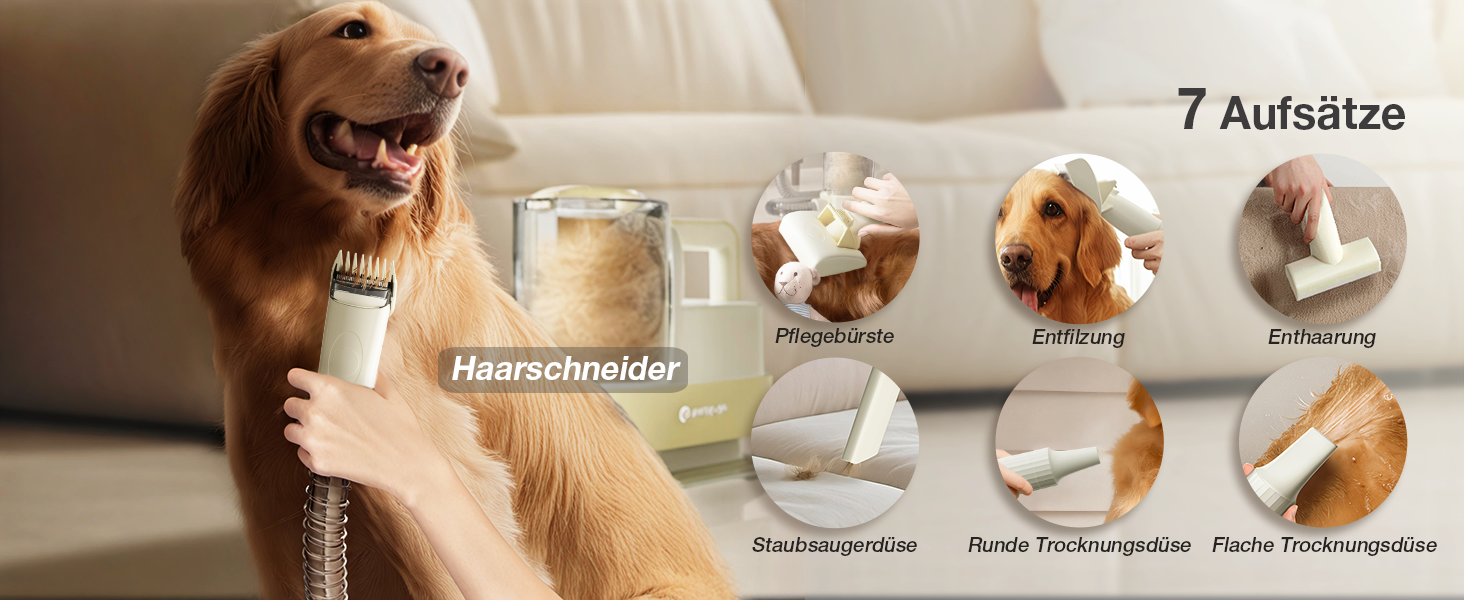 Набір для грумінгу тварин 7-в-1: шерсть, пилосос, фен. Потужність 11000Pa, об'єм контейнера 2.5л, 3 режими сили всмоктування та температури. Підходить для собак та котів. Колір: жовтий.