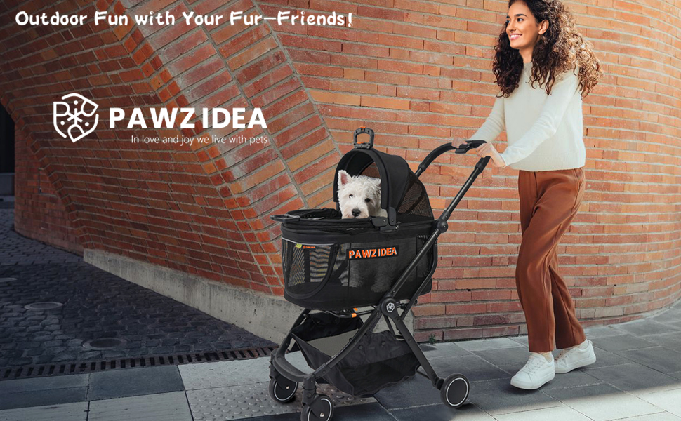 PAWZIDEA Візок для собак 4-в-1, переноска для котів, чорний. Візок для тварин до 33 кг, швидко складається, з капюшоном Easy-Lock