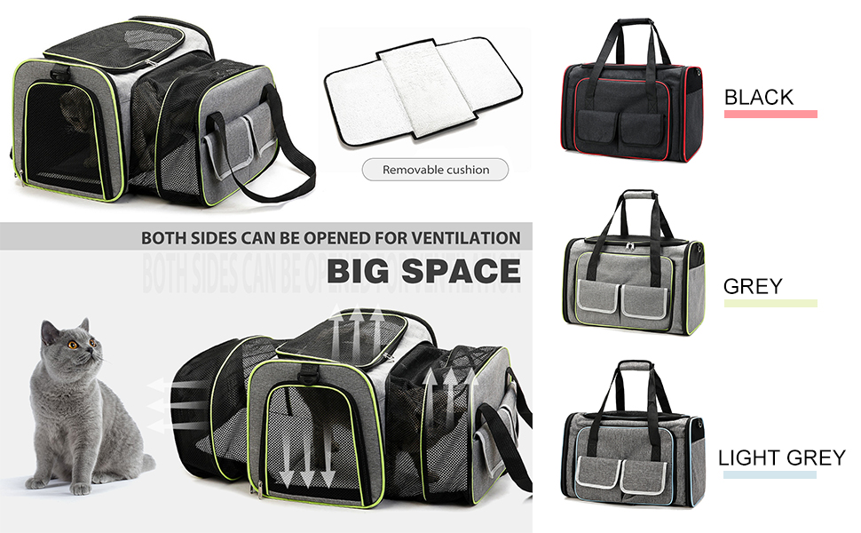 PETCUTE Транспортна сумка для кота, розкладна, з м'яким флісовим ліжком, 2 сторони відкривання, дихаюча сумка-переноска для кота з бічними кишенями, схвалена авіакомпаніями, світло-сіра, M