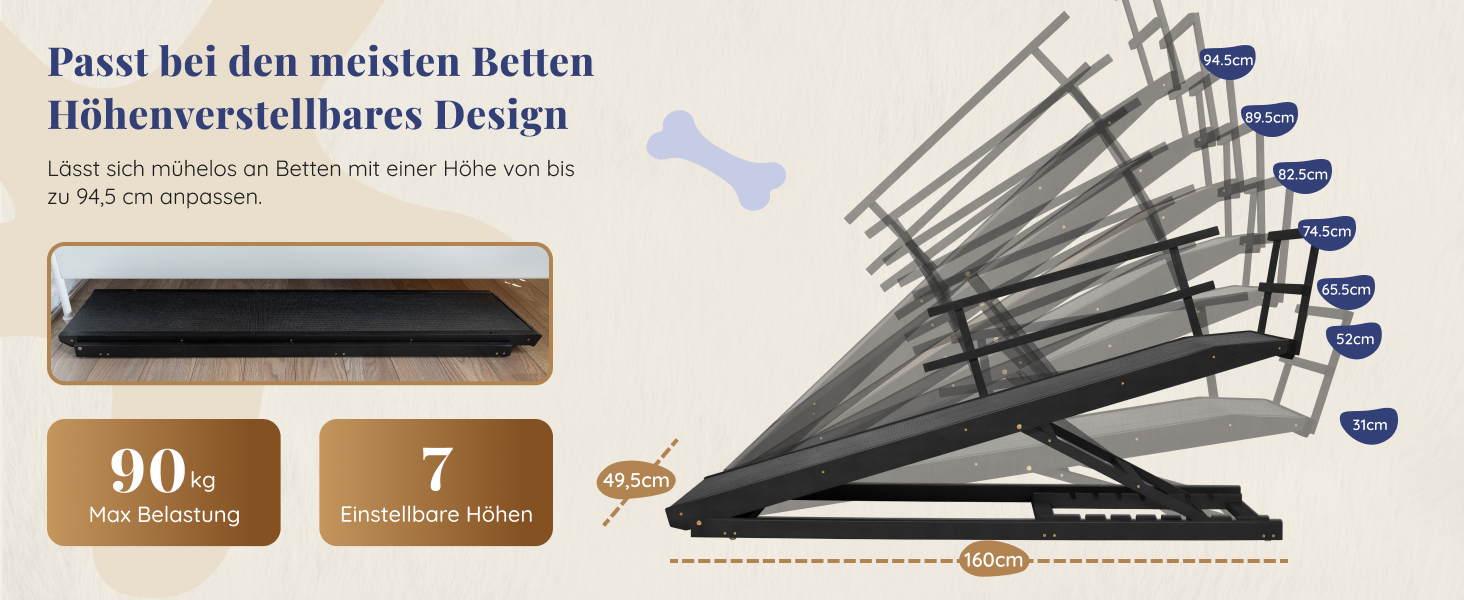 Східці для собак до ліжка з захисним бар'єром - для великих собак до 90 кг - регульована висота до 94.5 см - ширина 49.5 см - складані - антиковзні ручки - береза - натуральний колір (чорний)