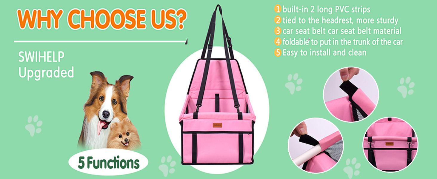 Автокрісло для собак - рожеве, з ременями безпеки, водонепроникне, для маленьких собак, підходить для заднього та переднього сидіння