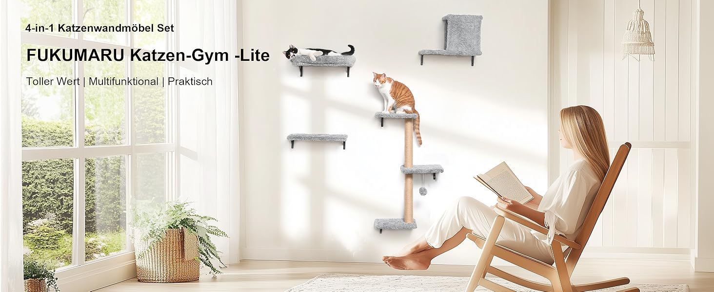 Комплект для котячого комплексу FUKUMARU: стіна для лазіння, гамак, будиночок, міст, драбина. Макс. вага: 18 кг, сірий