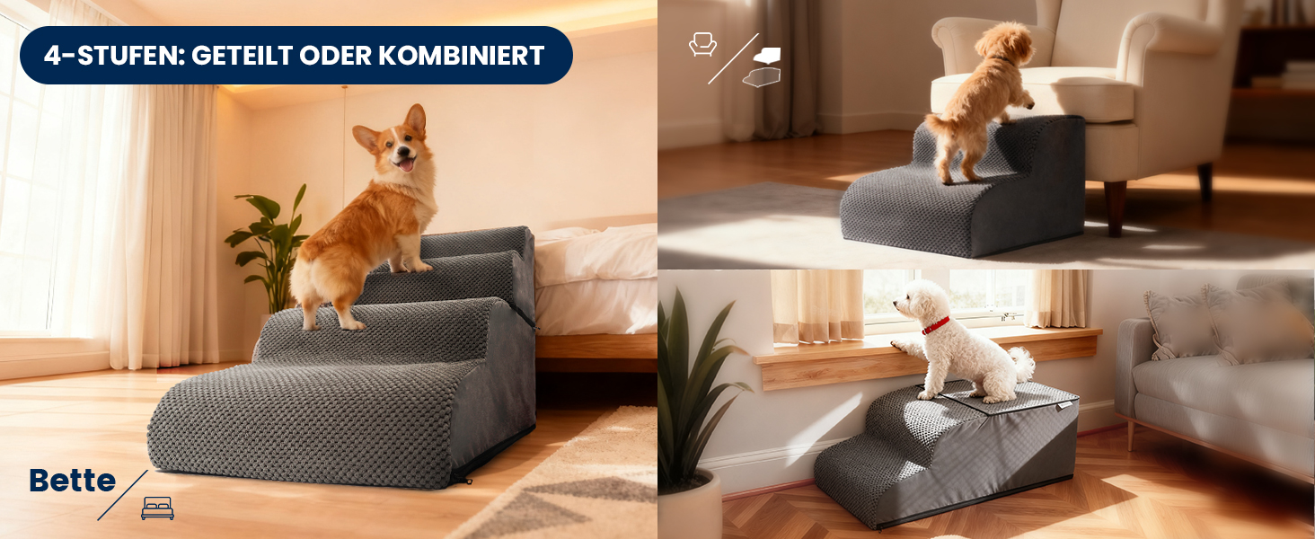 Сходинки для собак Mora Pets: зручні та безпечні сходи для ліжка та дивану, 4 сходинки, антиковзаюча поверхня, знімний чохол, 50 см висота