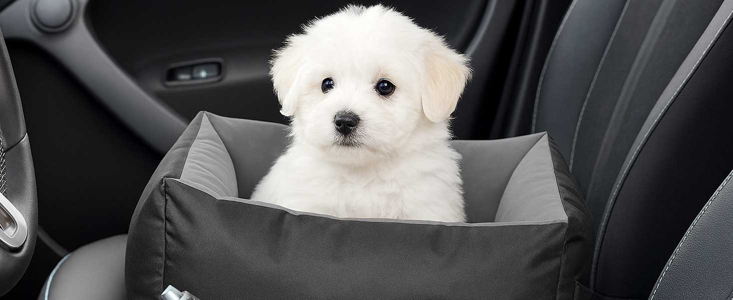 KING DOG Автокрісло для собак до 8 кг. Транспортна переноска для автомобіля з кріпленням на ремінь безпеки та м'яким килимком. Складається, легко миється. Підходить для SUV та легкових автомобілів (55 x 55 см, чорно-сірий)