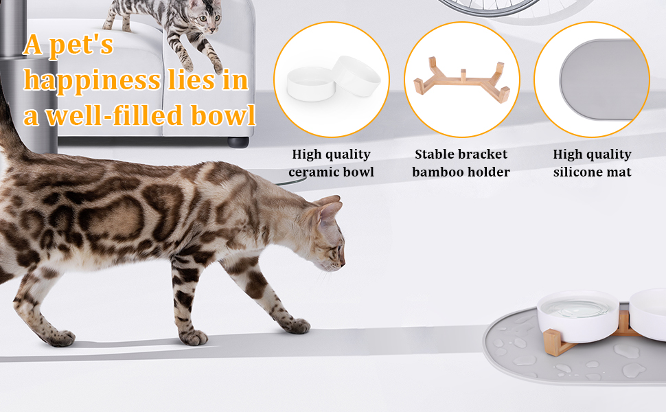 Набір мисок для котів 2 шт. з кераміки з підставкою з бамбука та силіконовим килимком - 2 x 400 мл