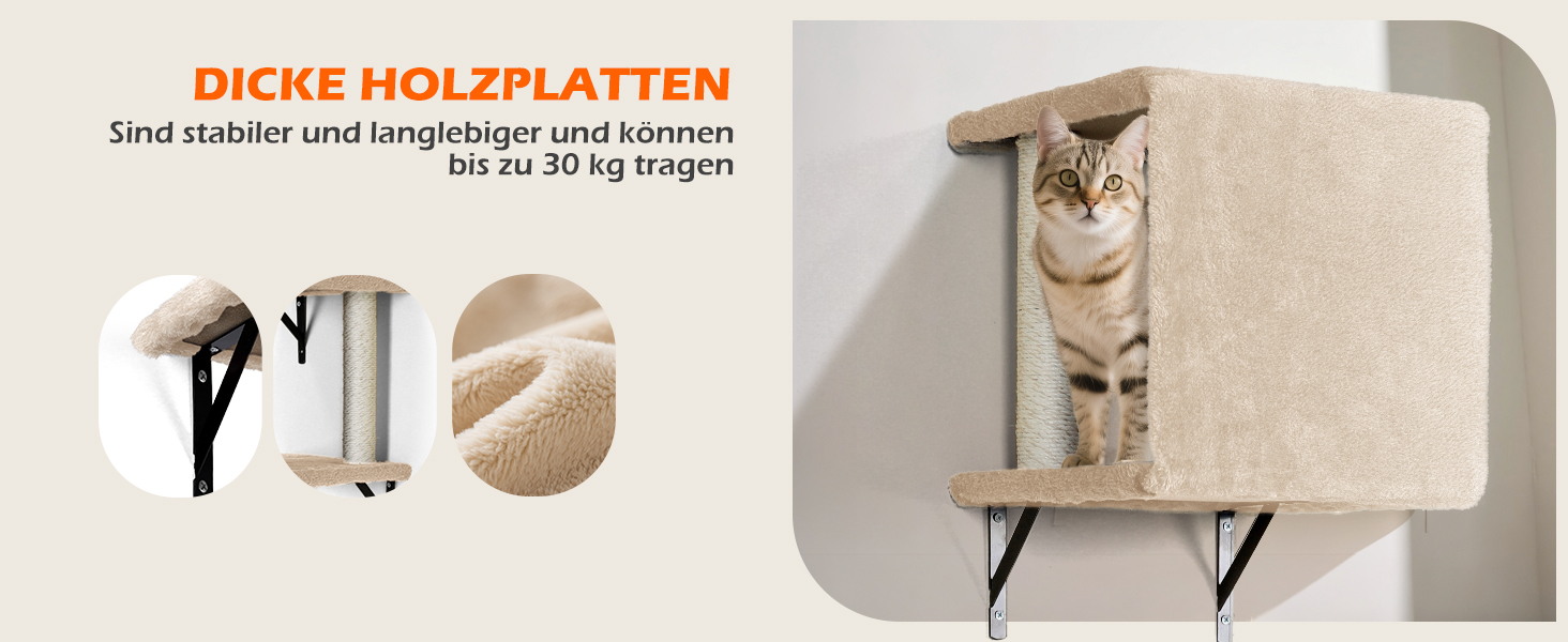 Кігтеточка-стіна для котів Eukue, комплект 10 елементів, великі настінні елементи з котячим будиночком, мостом та сизалевими стовпчиками, до 10 кг, бежевий колір