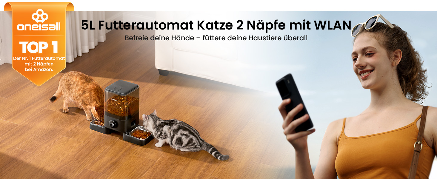 Автоматичний годівниця для котів Oneisall 5L з двома мисками, керування через додаток, Wi-Fi, PF10DAE