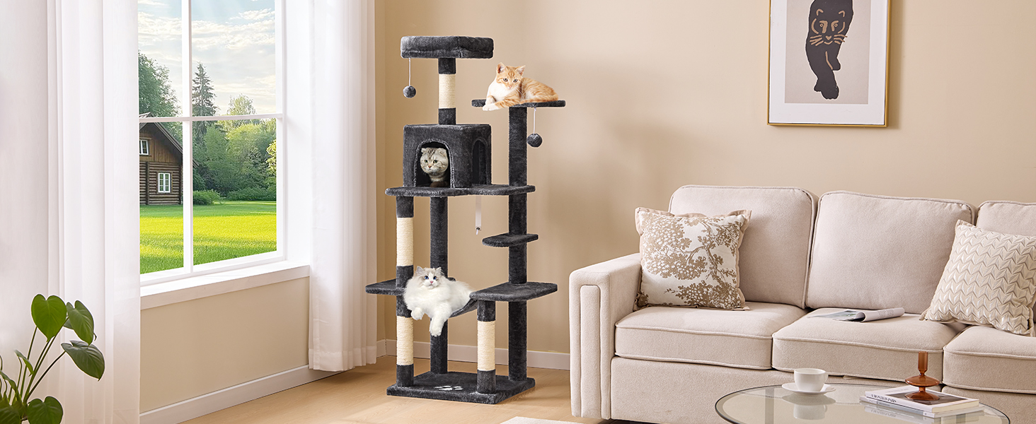 Кігтеточка для котів MSmask велика, 150 см, сіра, з 2 платформами, 2 будиночками, гамаком та сизалевими стовпчиками