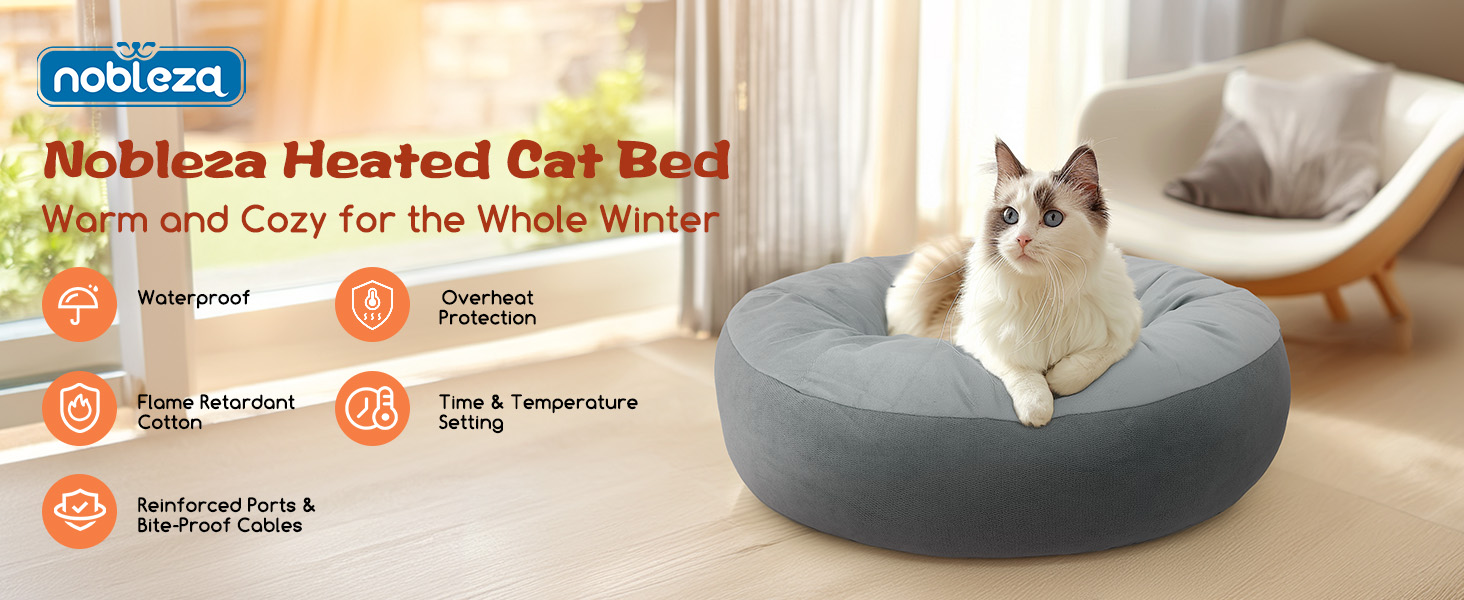 Кішечкове ліжко Nobleza з регульованою температурою, тепла підстилка у вигляді пончика з захисним кабелем, що не гризеться, 50 см, сіре