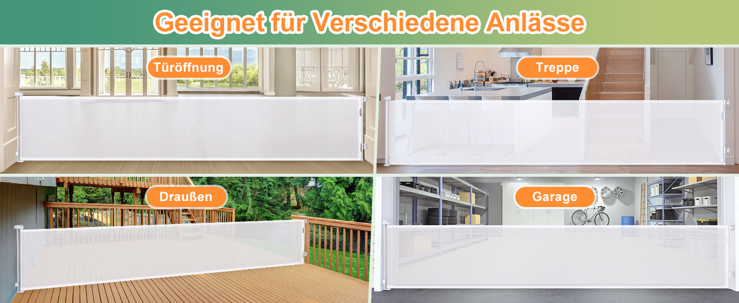 Розсувна захисна сітка для дитини та собаки, 400 см, біла. Захист для сходів/коридору/інтер'єру/екстер'єру. Висота 105 см, ширина 300 см.