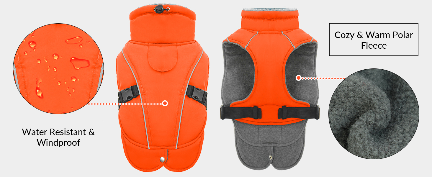 Зимовий одяг для собак, тепла куртка-жилет для великих собак, водонепроникна, з флісовою підкладкою, світловідбиваюча, з отвором для повідка (Помаранчевий, XL)