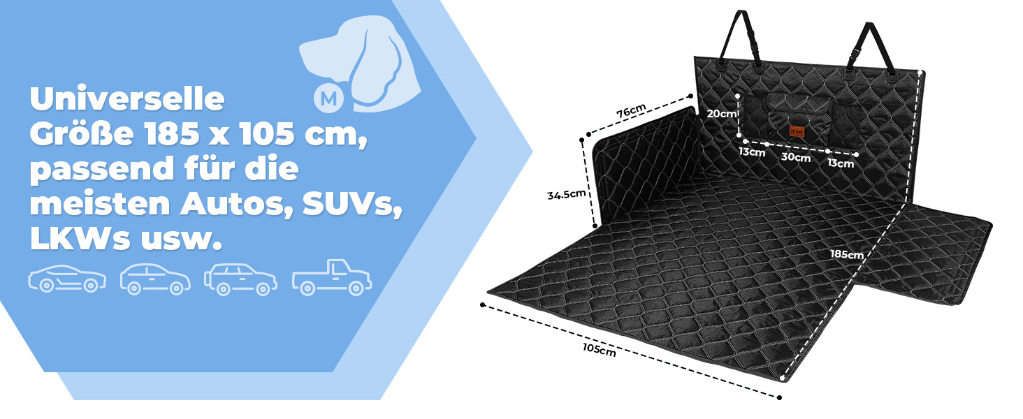 Захист для багажника автомобіля KYG: стеганий килимок для собак з захистом бокових панелей та краю, вологостійкий, стійкий до подряпин, універсальний, чорний, 185x105 см