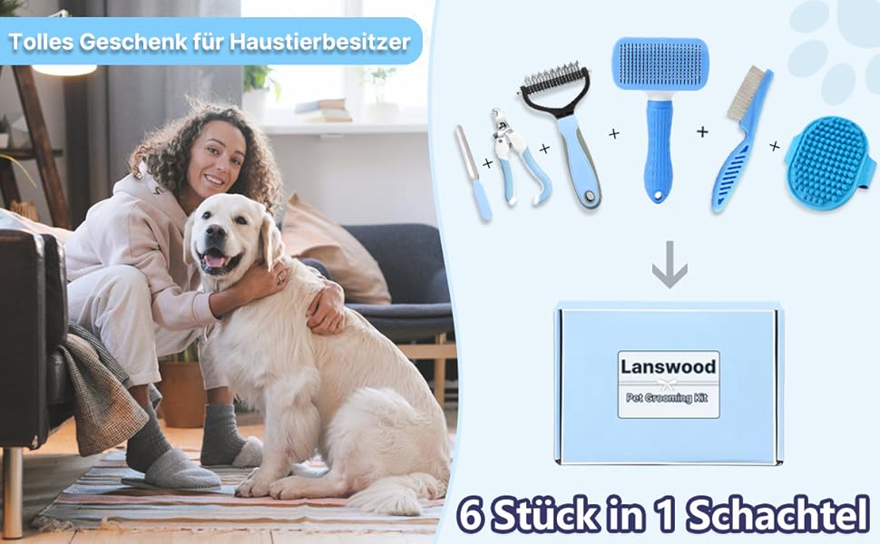 Набір для догляду за тваринами 6 в 1: щітка для собак, гребінець для вичісування підшерстка, тример, гребінець від бліх, щітка для миття | Синій, прямокутний