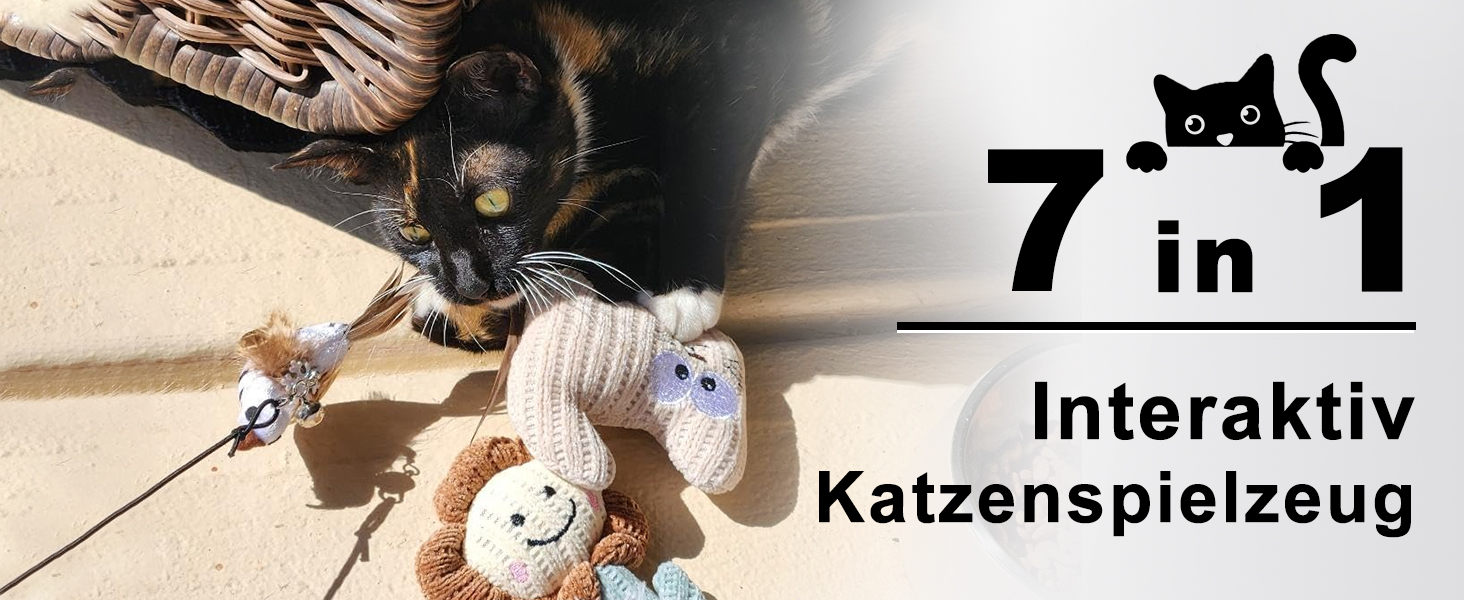 Інтерактивна іграшка для котів CUUOOT 7-в-1: джиґлер, іграшка-пір'їнка, катенок, мотузка для кусання, набір з котячою м'ятою.