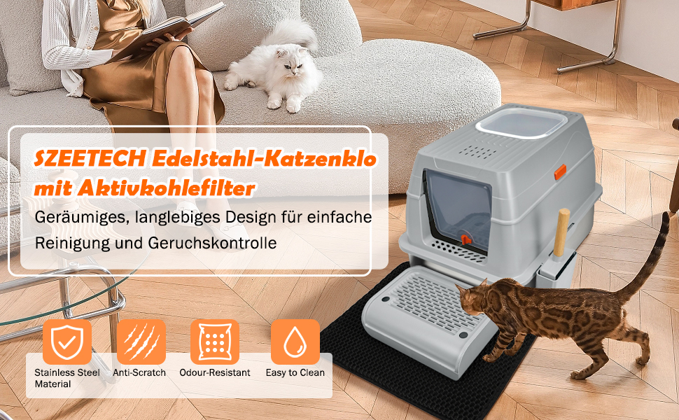 Котловий туалет SZEETECH для котів, великий XXL, нержавіюча сталь з кришкою, з лопаткою, килимком та підставкою, сірий