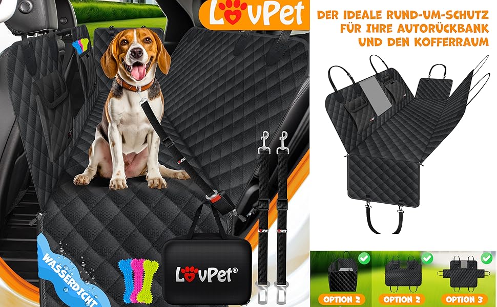 Захисний килимок Lovpet® для собак у машину 2в1: для заднього сидіння та багажника з боковим захистом та оглядовим вікном. Водовідштовхуючий, універсальний, чорний. В комплекті аксесуари.