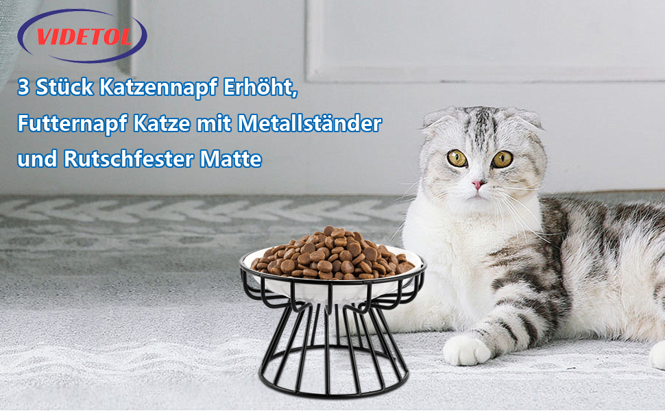 Набір мисок для котів VIDETOL (3 шт.) з підняттям, керамічні миски для корму з металевим підставкою та нековзною підкладкою, підходять для котів та собак