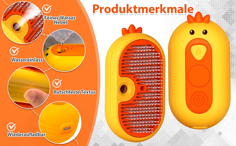 Парфумерна щітка для котів з розпилювачем, 4-в-1: видалення шерсті, масаж, розпилення, самоочищення, водонепроникна (IPX7), білий колір з жовтим руків'ям