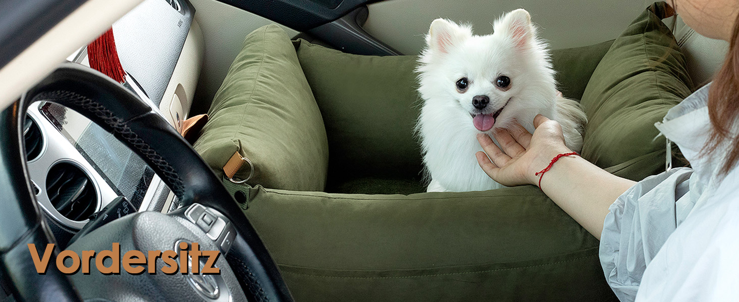 Автомобільний лежак для собак маленьких та середніх порід (до 15 кг), з висувною зоною відпочинку, знімний та пральний, з кишенями та ременем безпеки, зелений