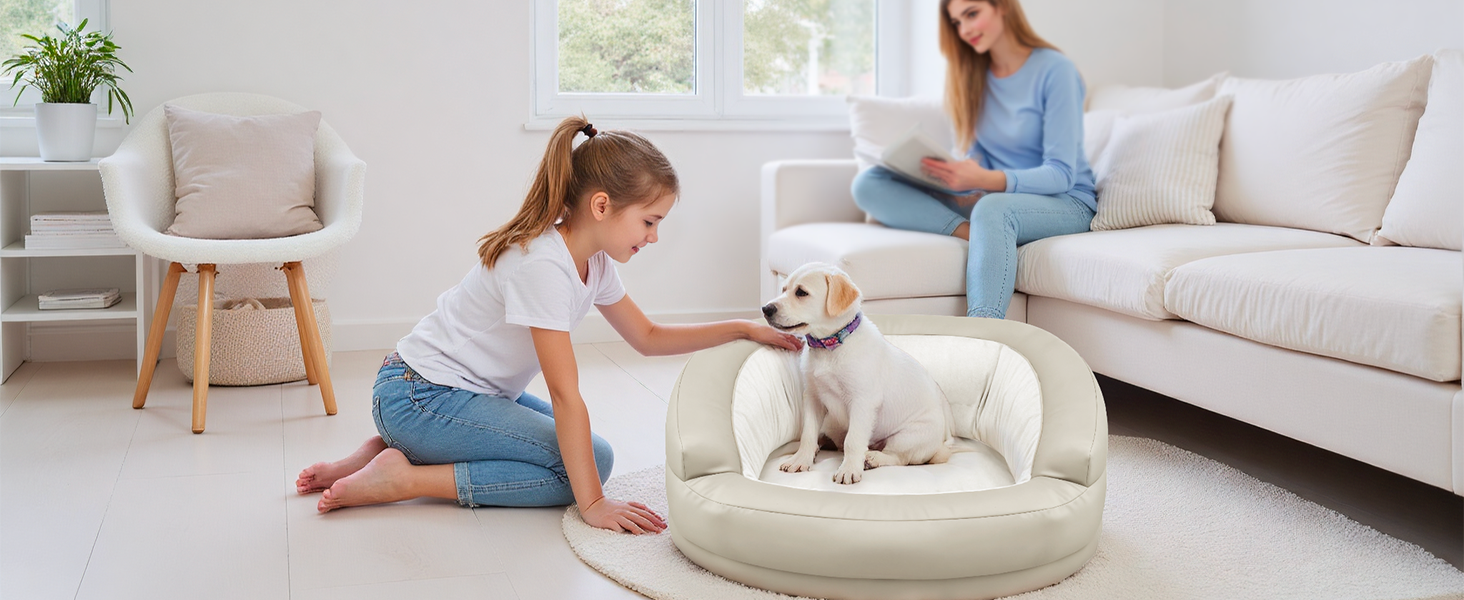 Заспокійливе велике собаче ліжко XXL для великих та середніх собак, 40,6 см глибини, високі бортики, овальне ліжко проти тривоги з підголівником, м'яка піна та бавовна, бежеве/сіре