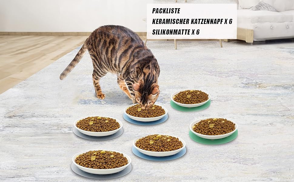 Набір мисок для котів на 6 місць - 6 мисок з кераміки та підставки, широкі миски для котів, що зменшують подразнення вусів, плоскі миски для кошенят та дрібних тварин