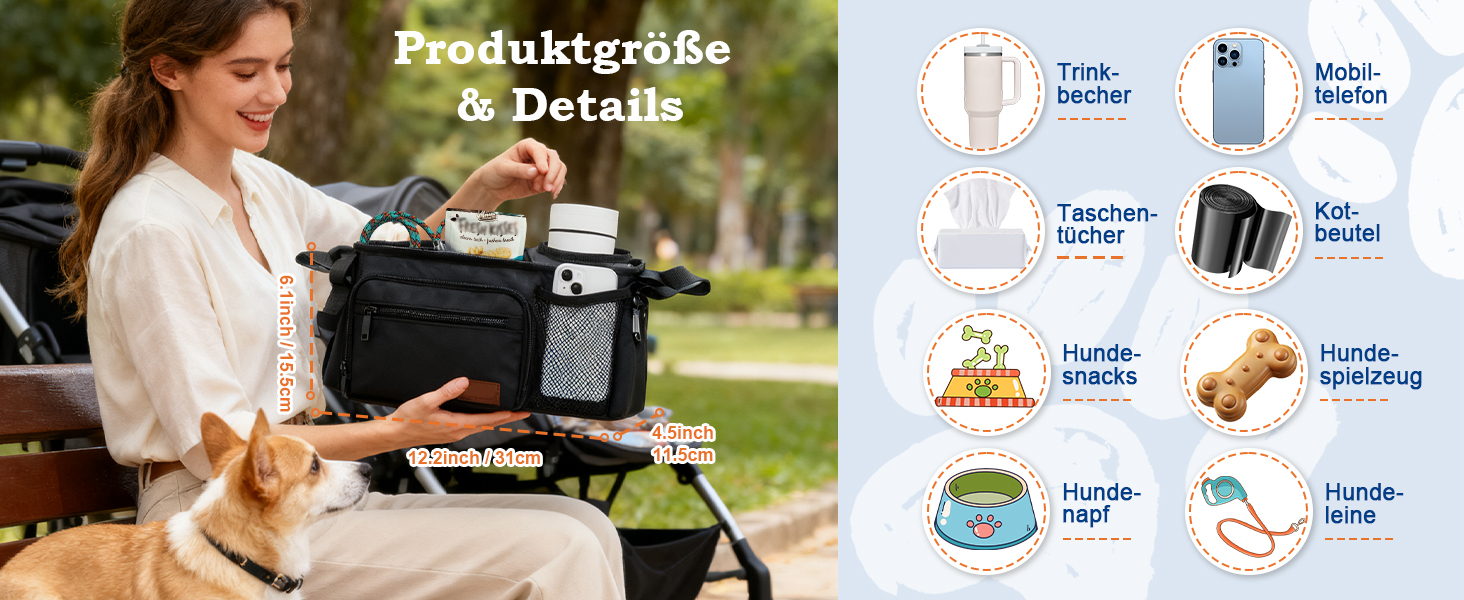 Органайзер для дитячої коляски та собак, сумка-органайзер для аксесуарів для собак з дозатором пакетів для екскрементів, кишенькою для ласощів та тримачем для чашки, сумісний з ручками 35–48 см, подарунок для любителів тварин, чорний