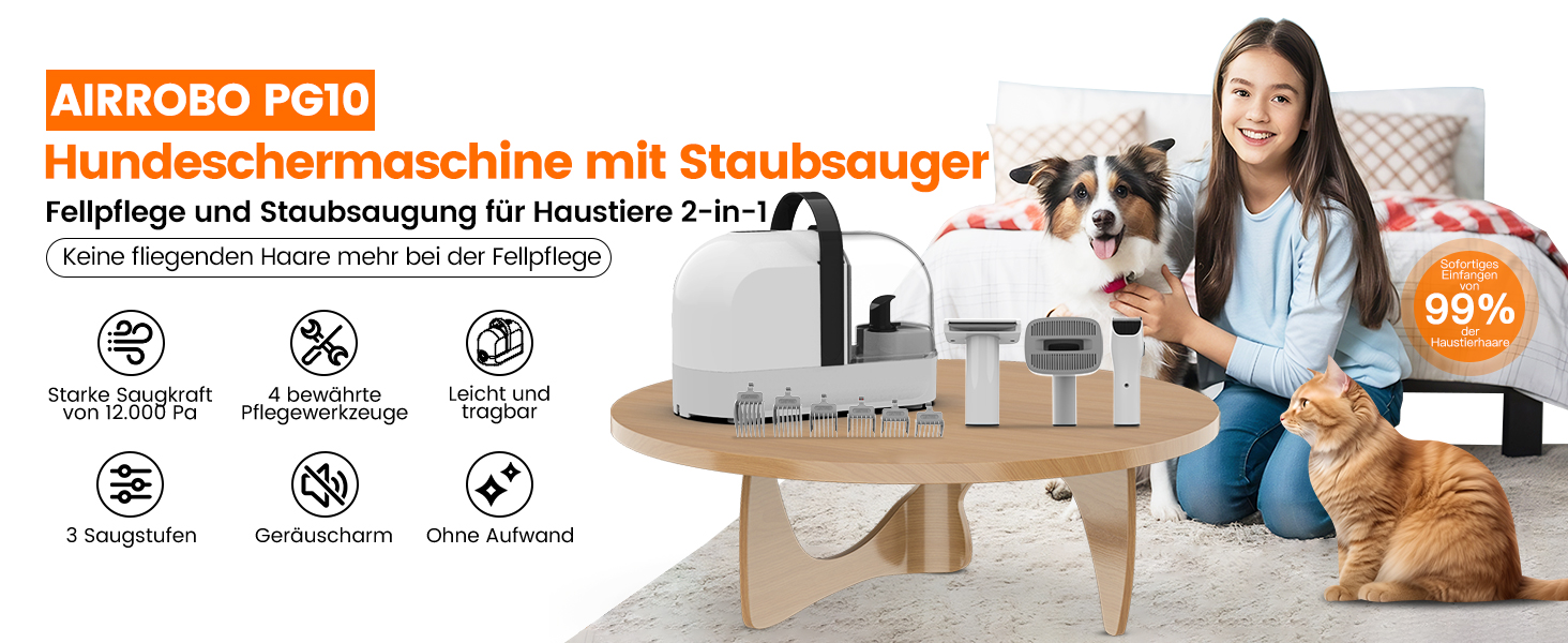Машинка для стрижки собак AIRROBO з пилососом 12000 Pa, щітка для видалення шерсті, тиха машинка для собак з набором інструментів, контейнер для пилу 1.4L, PG10 Білий (Чорний)