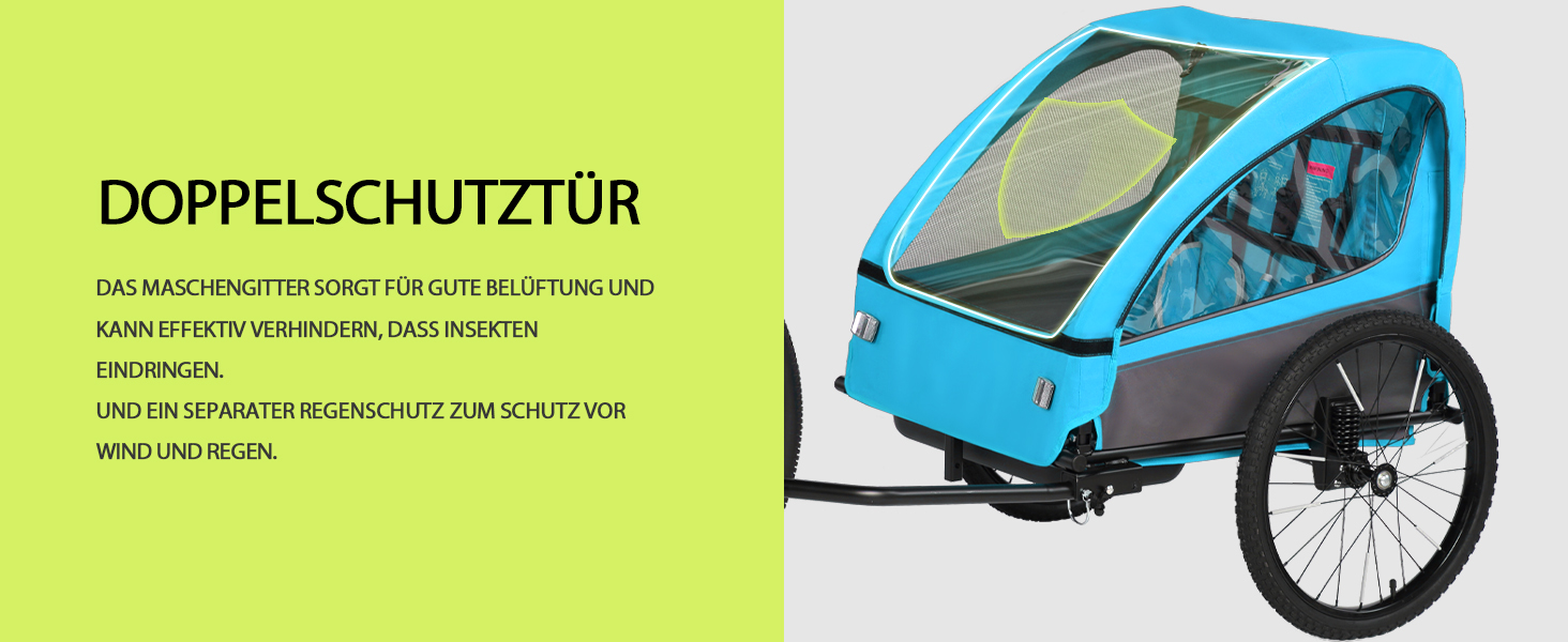 Дитячий велопричіп 2в1 Kinderkraft з функцією візка та бігуна, амортизація, регульована ручка та гальма, для 1-2 дітей до 40 кг (Блакитний)