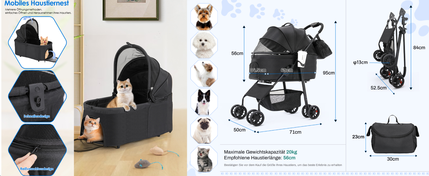 Візок для собак Mamizо 3-в-1, до 30 кг, з сумкою, поворотні колеса, для собак та котів, сірий