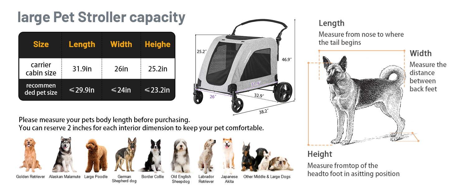 Візок для собак EchoSmile для середніх та великих собак до 70 кг, сірий, складний, з сітчастими віконцями та регульованою ручкою, 4 проходимі колеса