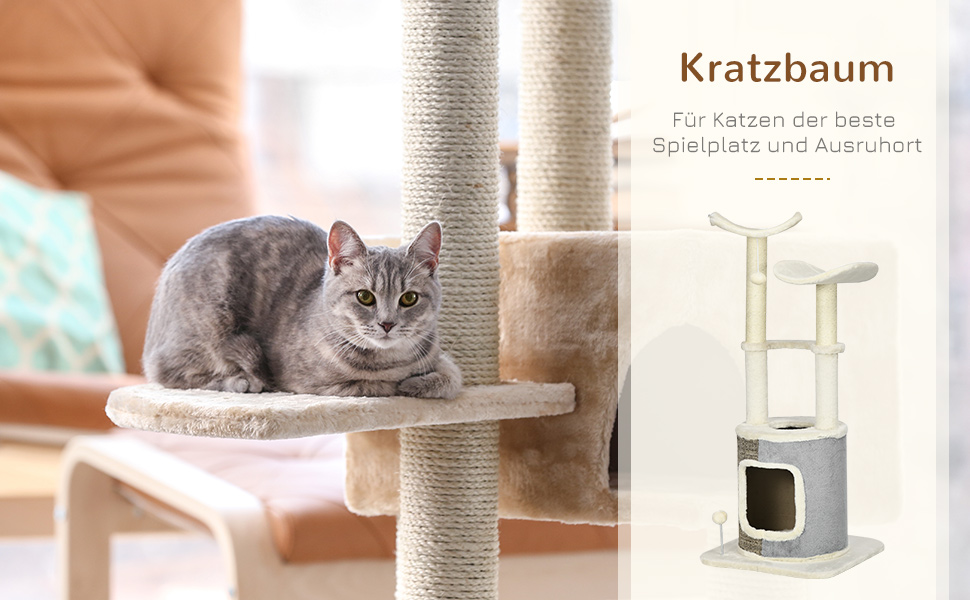 Котячий будиночок PawHut 110 см з когтеточкою, платформою та іграшкою, котячі меблі, кремовий