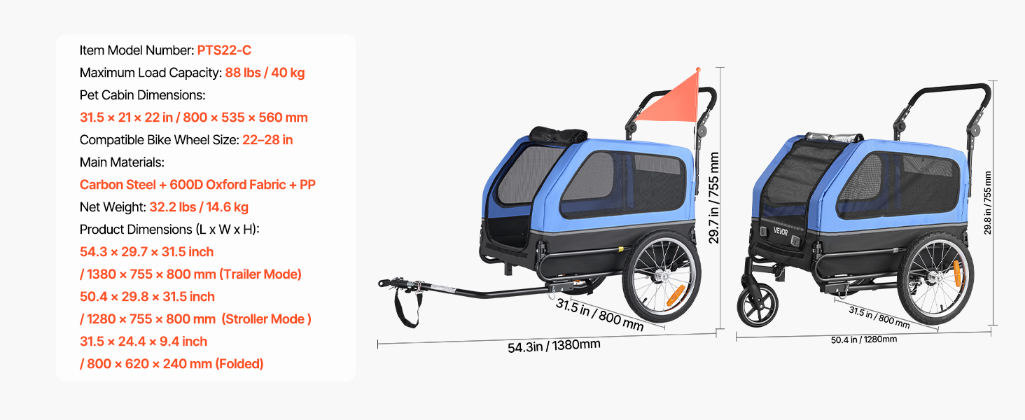 Причіп для собак VEVOR до 40 кг, 2-в-1, для маленьких та великих собак, з розкладним каркасом, універсальний з'єднувач, з прапорцем, внутрішній поводок, 1380x755x800 мм