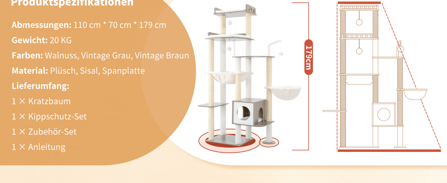 Дерев'яний когтеточка Heybly Kratzbaum 179 см з будиночком та гамаком, HCT121WB (Вінтаж-Сірий)